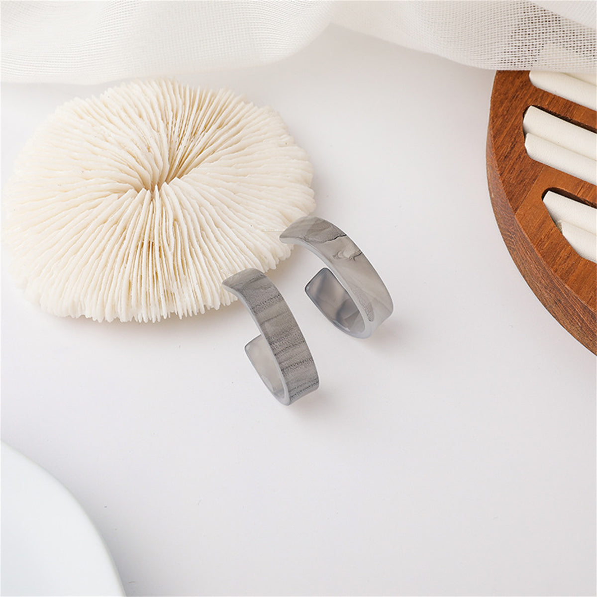 Marble Acrylic and Silver-Plated Huggie Earrings, silver huggie earrings, botanical inspired, styled look
