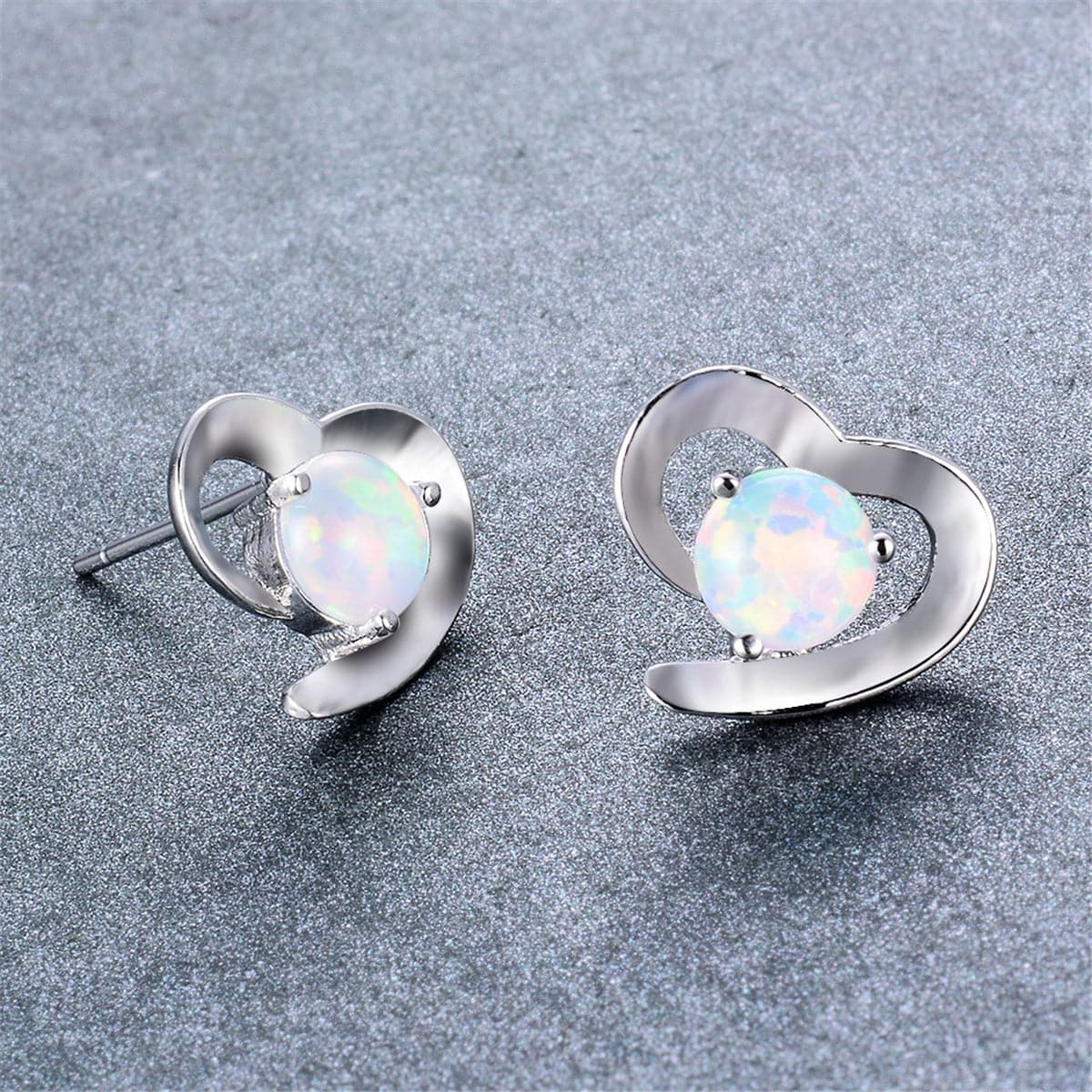 White Opal & Silver-Plated Heart Stud Earrings