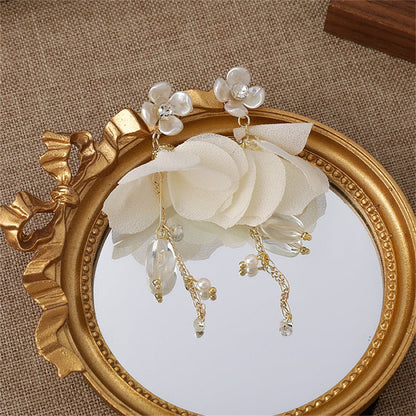Cubic Zirconia and Pearl Floral Petal Drop Earrings, drop earrings for women, vintage-inspired design, lifestyle look