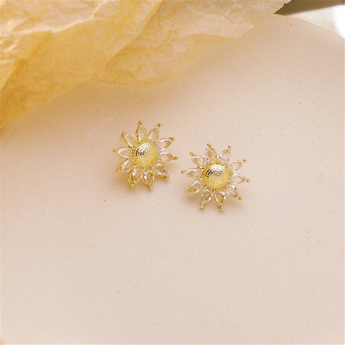 Crystal and 18K Gold-Plated Sunflower Stud Earrings, gold stud earrings for women, everyday style, front view