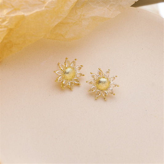 Crystal and 18K Gold-Plated Sunflower Stud Earrings, gold stud earrings for women, everyday style, front view