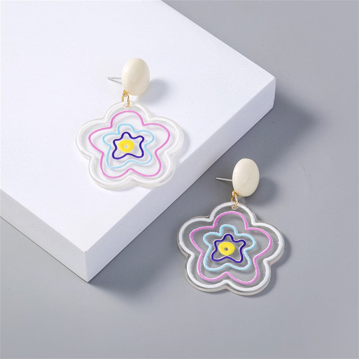 Pink Acrylic and 18K Gold-Plated Floral Drop Earrings, gold drop earrings for women, everyday style, front view