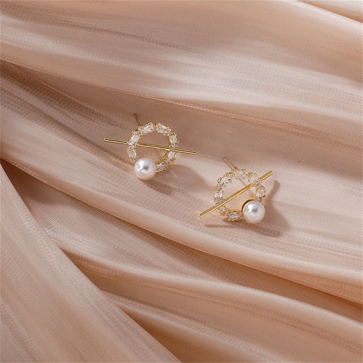 Pearl and Cubic Zirconia Pav¨¦ Bar Round Stud Earrings, stud earrings for women, dainty minimalist design, side view