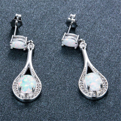 White Opal & Silver-Plated Oval Drop Earrings
