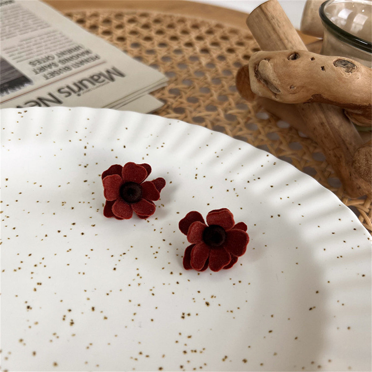 Red Flocked & Silver-Plated Flower Stud Earrings