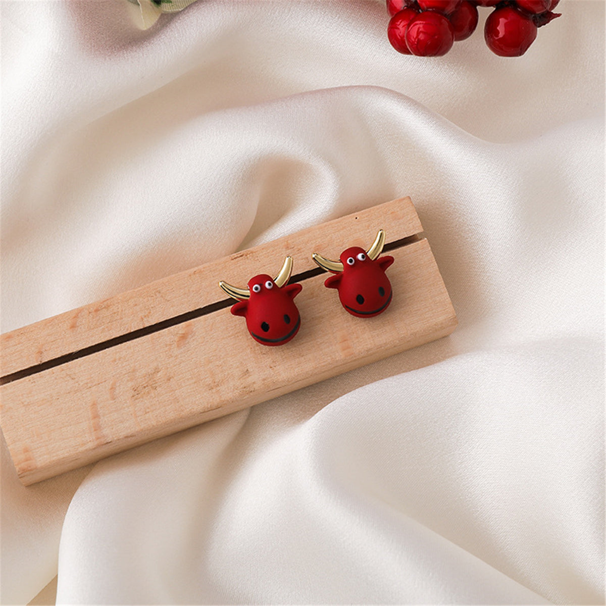 Red Polymer Clay and 18K Gold-Plated Cattle Stud Earrings, gold stud earrings for women, botanical inspired, styled look