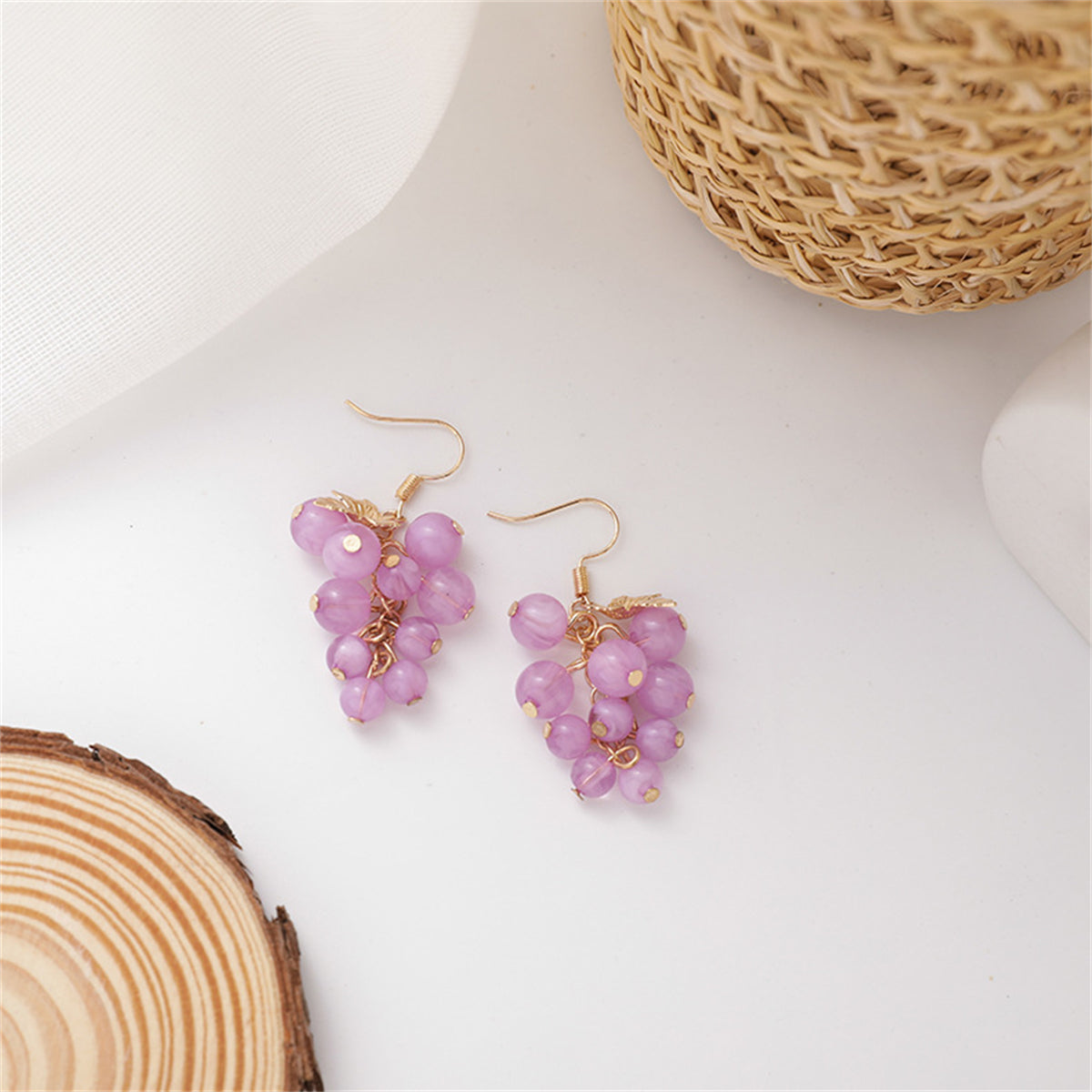 Purple Acrylic and 18K Gold-Plated Grape Drop Earrings, gold drop earrings for women, detail close-up