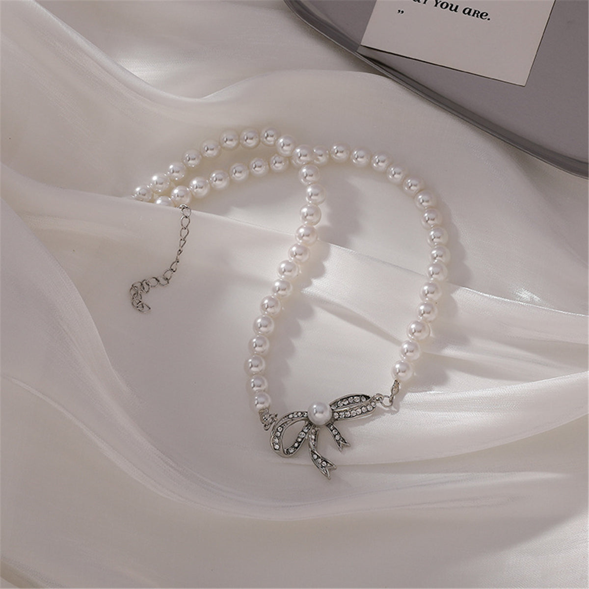 Cubic Zirconia and Pearl Beaded Bow Pendant Necklace, pendant necklace for women, everyday style, lifestyle look
