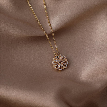 Cubic Zirconia and 18K Gold-Plated Heart Clover Pendant Necklace, gold pendant necklace for women, front view