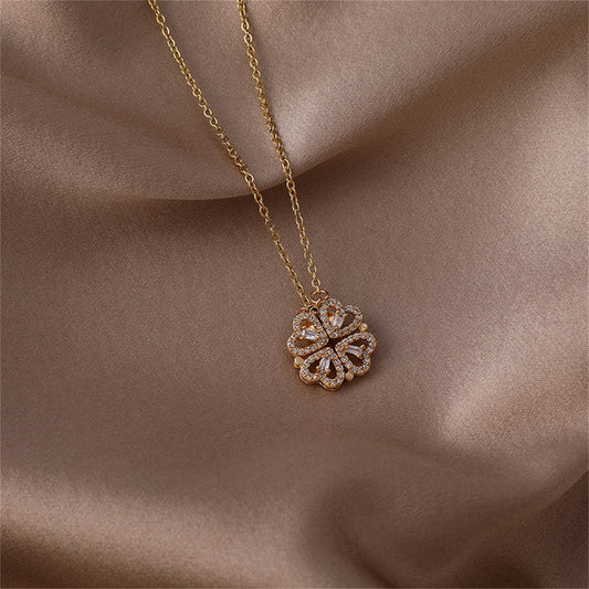 Cubic Zirconia and 18K Gold-Plated Heart Clover Pendant Necklace, gold pendant necklace for women, front view