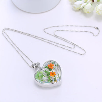 Pressed Peach Blossom & Silver-Plated Heart Pendant Necklace