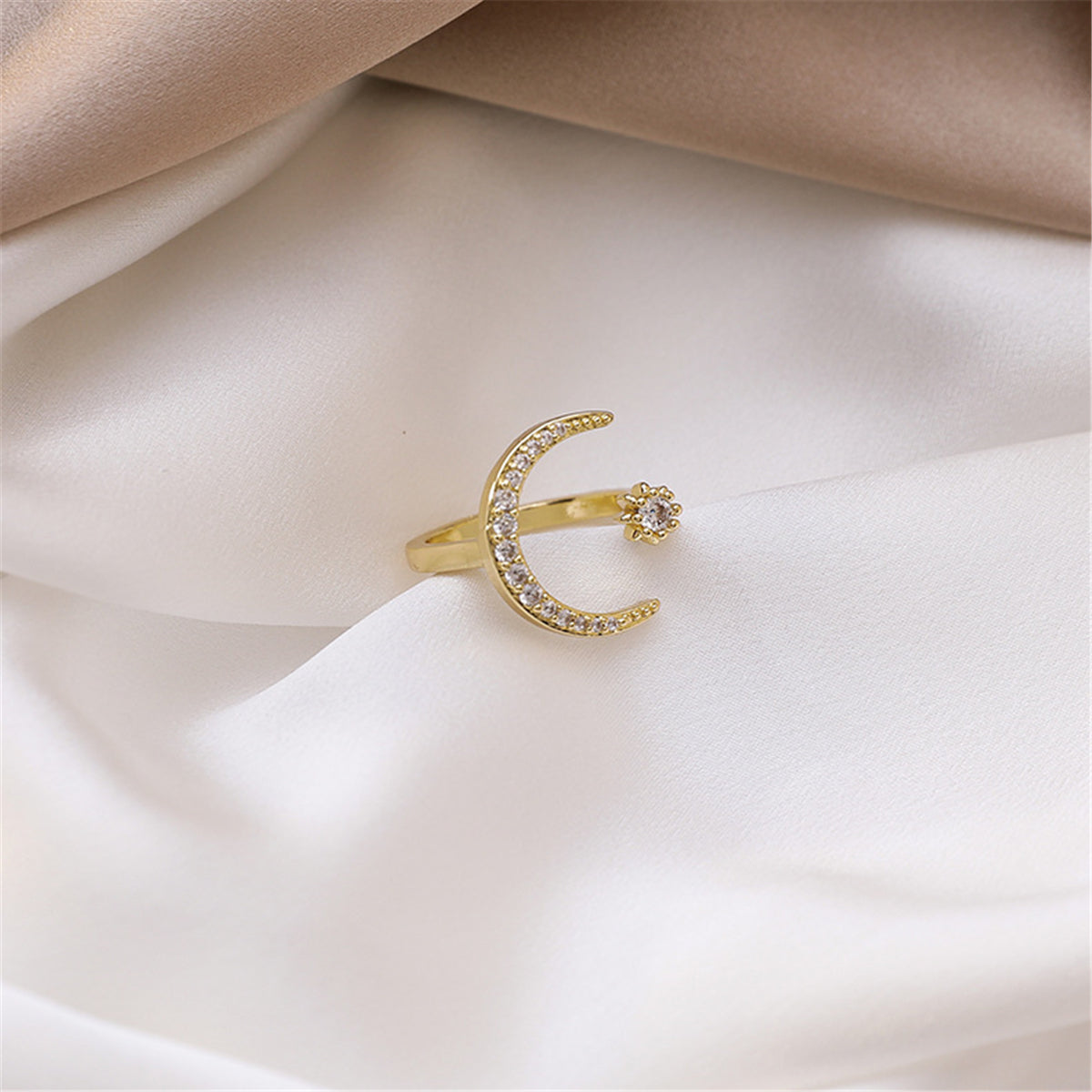 Cubic Zirconia & 18K Gold-Plated Moon Star Open Ring