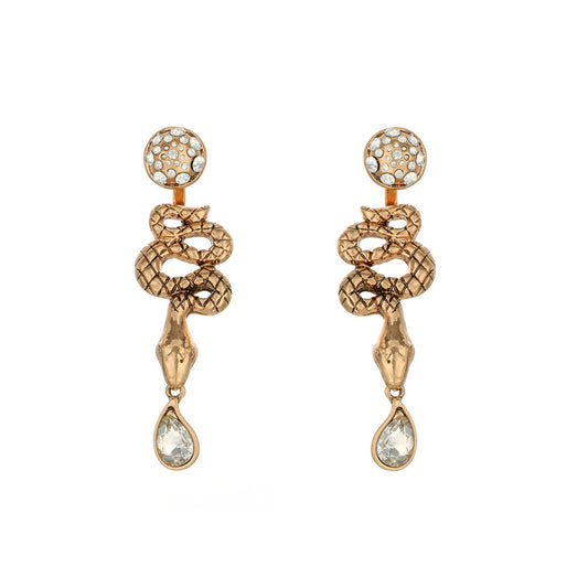 Cubic Zirconia and 18K Gold-Plated Snake Ear Jackets, gold drop earrings for women, botanical inspired, front view