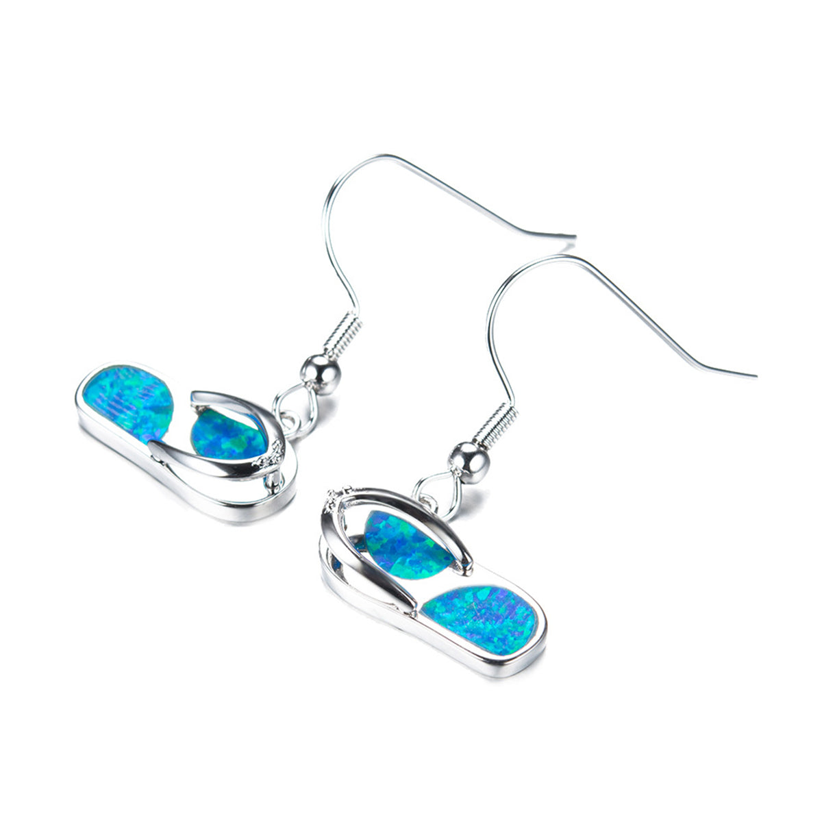 Blue Opal and Silver-Plated Flip-Flop Drop Earrings, silver drop earrings for women, botanical inspired, detail close-up