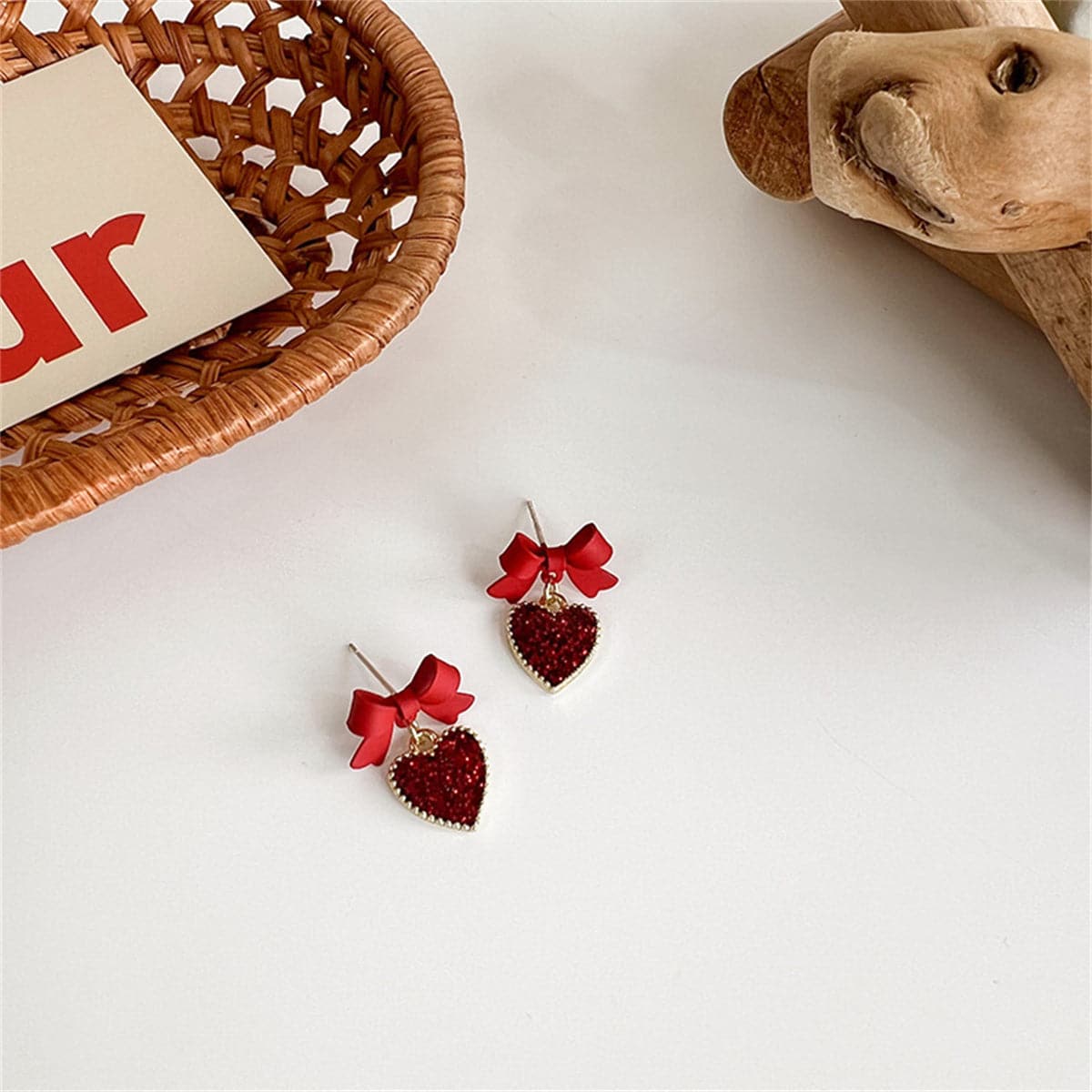 Red Enamel and Cubic Zirconia 18K Gold-Plated Bow Heart Drop Earrings, gold drop earrings for women, side view