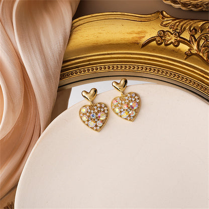 Cubic Zirconia and 18K Gold-Plated Heart Drop Earrings, gold drop earrings for women, everyday style, detail close-up