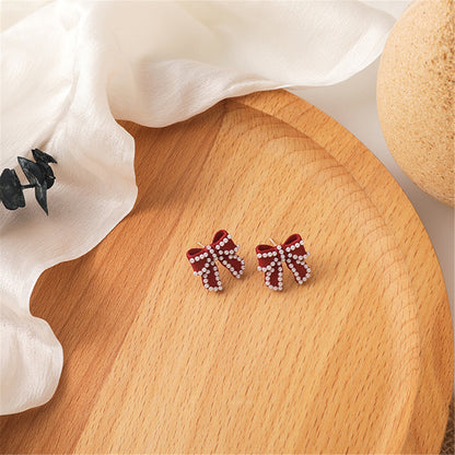 Pearl and Red Enamel Silver-Plated Bow Stud Earrings, silver stud earrings for women, everyday style, front view