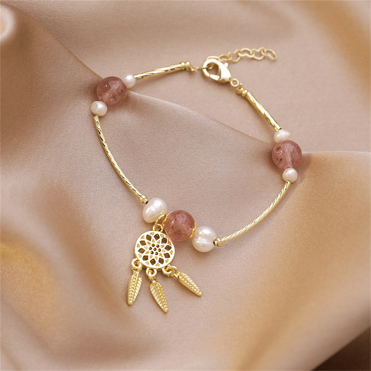 Crystal and Pearl 18K Gold-Plated Dreamcatcher Charm Bracelet, gold bracelet for women, everyday style, detail close-up