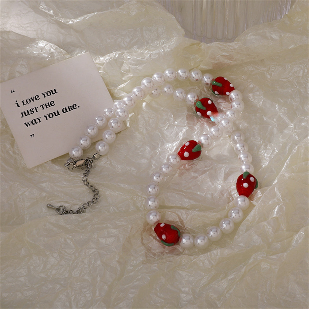 Pearl and Resin Silver-Plated Strawberry Station Necklace, silver pendant necklace for women, lifestyle look