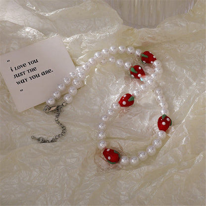 Pearl and Resin Silver-Plated Strawberry Station Necklace, silver pendant necklace for women, lifestyle look
