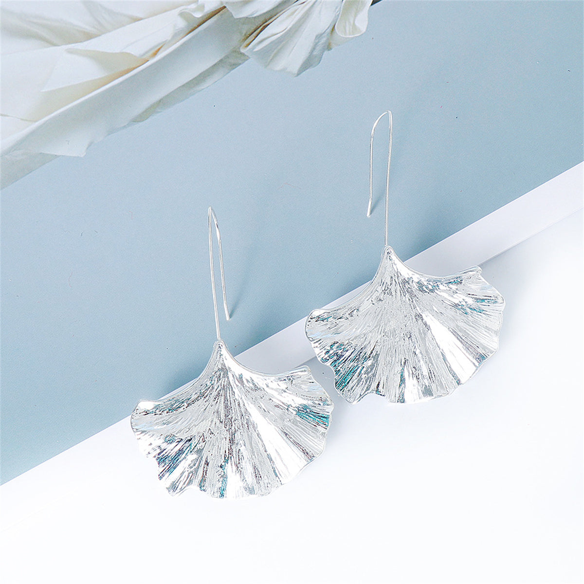 Silver-Plated Lotus Leaf Drop Earrings, silver drop earrings for women, elegant gift for her, detail close-up