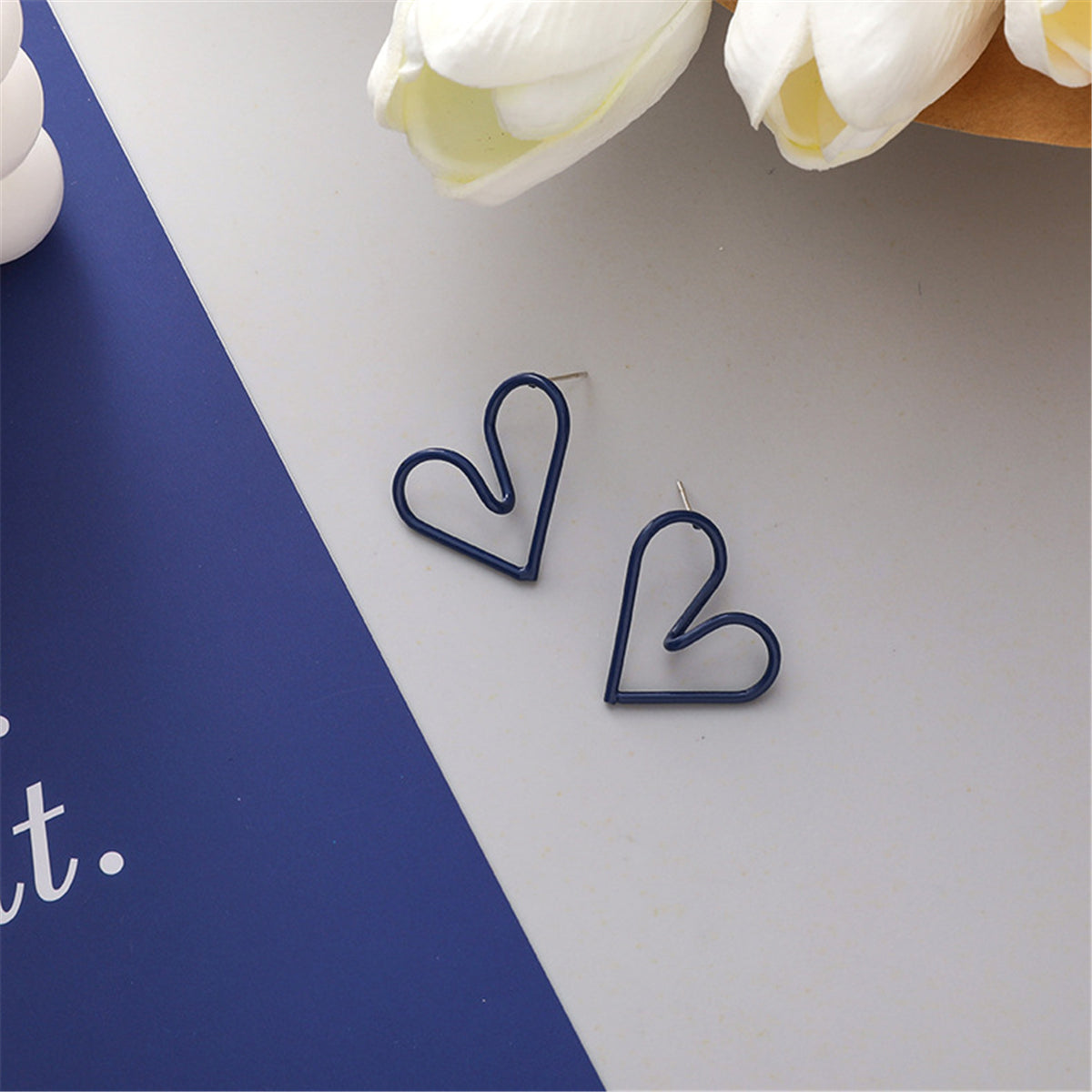Blue Enamel and Silver-Plated Open Heart Stud Earrings, silver stud earrings for women, elegant gift for her, front view