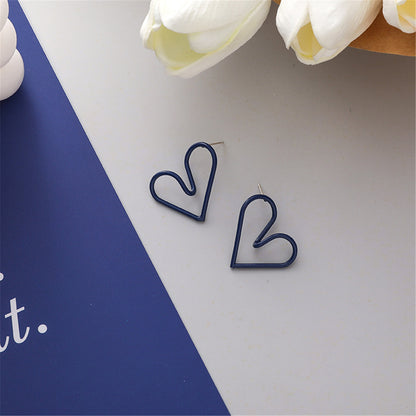 Blue Enamel and Silver-Plated Open Heart Stud Earrings, silver stud earrings for women, elegant gift for her, front view