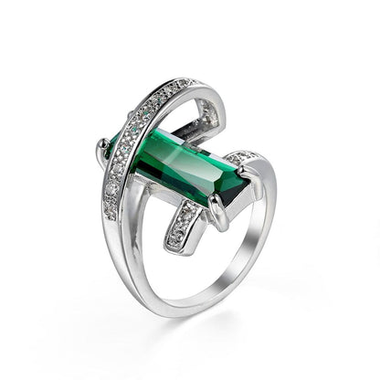 Dark Green Crystal and Cubic Zirconia Bypass Ring, statement rings for women, botanical inspired, front view