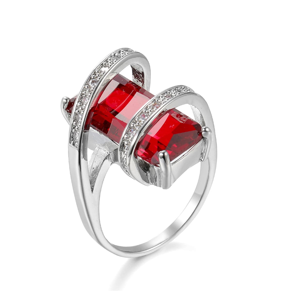 Red Crystal and Cubic Zirconia Geometric Ring, statement rings for women, everyday style, side view
