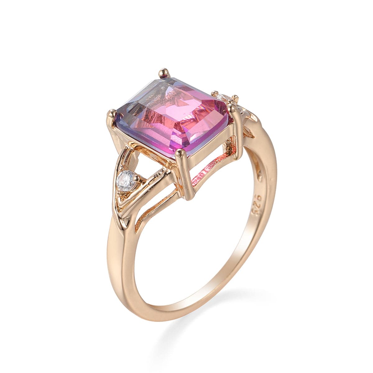 Rose Crystal and Cubic Zirconia Cushion Openwork Ring, statement rings for women, vintage-inspired design, side view
