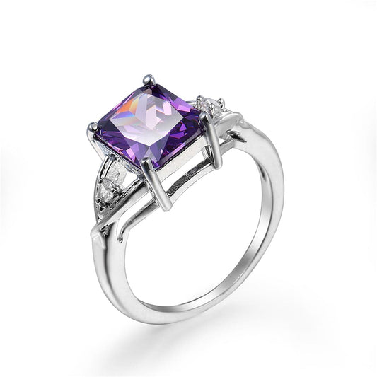 Purple Crystal and Cubic Zirconia Princess-Cut Ring, statement rings for women, botanical inspired, front view