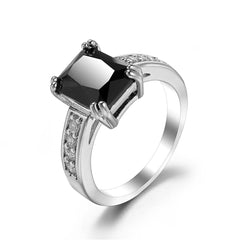 Black Crystal & Silver-Plated Rectangle Solitaire Ring