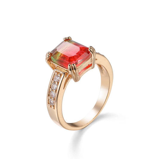 Red Crystal and Cubic Zirconia Rectangle Double-Prong Ring, statement rings for women, dainty minimalist design, front view