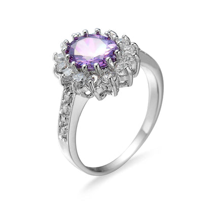 Purple Crystal and Cubic Zirconia Flower Ring, statement rings for women, dainty minimalist design, front view