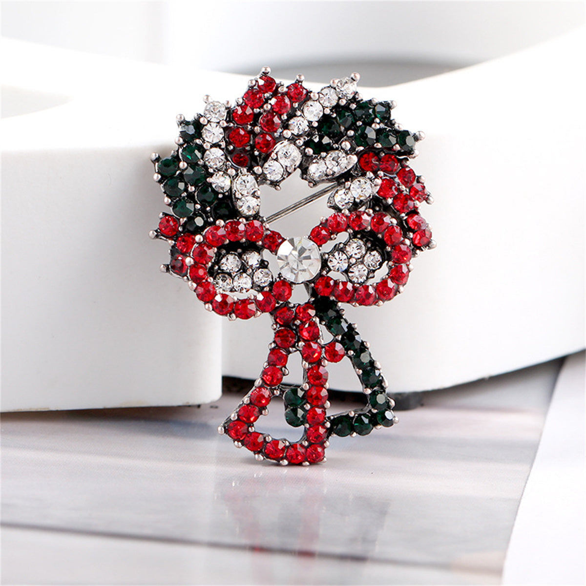 Red Cubic Zirconia & Silver-Plated Christmas Wreath Brooch