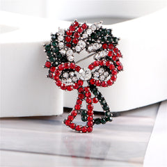 Red Cubic Zirconia & Silver-Plated Christmas Wreath Brooch