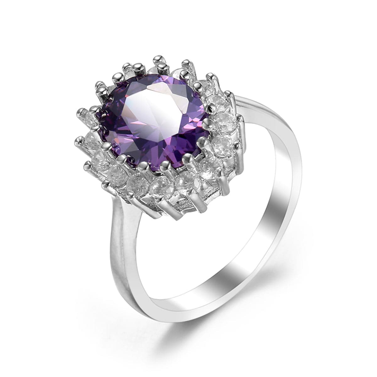 Purple Crystal and Silver-Plated Flower Ring, silver statement rings for women, everyday style, front view