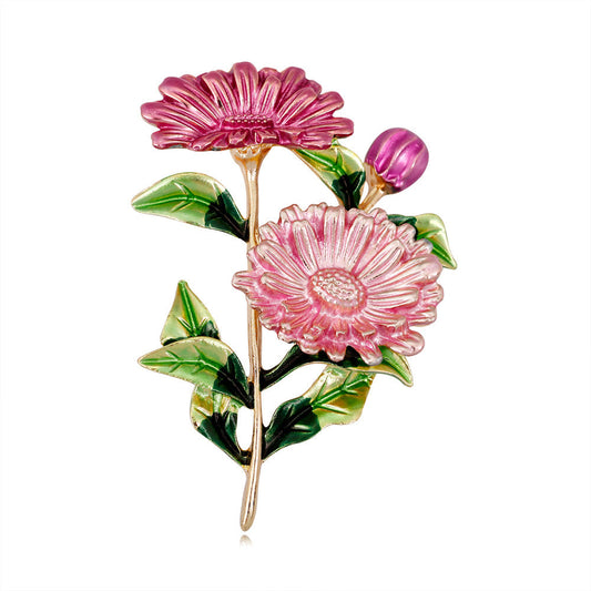 Pink Enamel and 18K Gold-Plated Flower Brooch, gold brooch pin, botanical inspired, front view