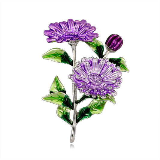 Purple Enamel and Silver-Plated Flower Brooch, silver brooch pin, dainty minimalist design, front view