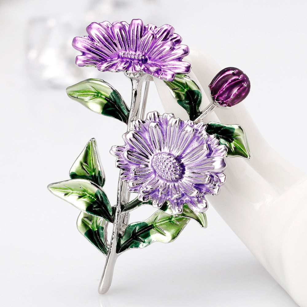 Purple Enamel and Silver-Plated Flower Brooch, silver brooch pin, elegant gift for her, side view
