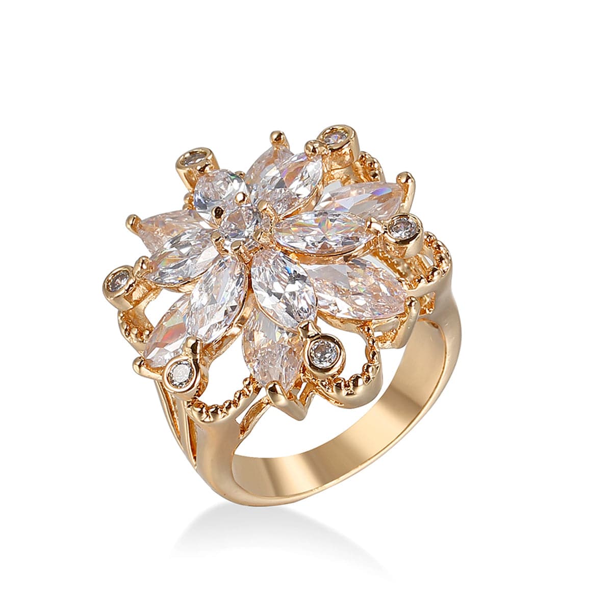 Cubic Zirconia and 18K Gold-Plated Snowflake Ring, gold statement rings for women, dainty minimalist design, side view