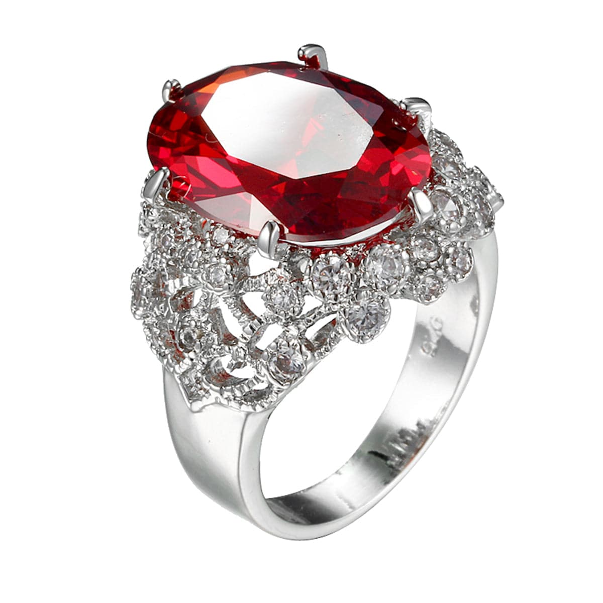 Red Crystal and Cubic Zirconia Oval Botanical Ring, statement rings for women, botanical inspired, front view