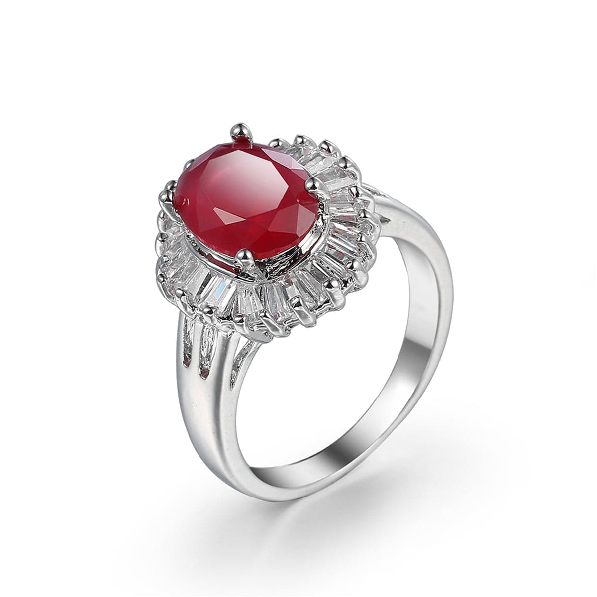 Red Cubic Zirconia and Crystal Baguette Halo Ring, statement rings for women, everyday style, front view