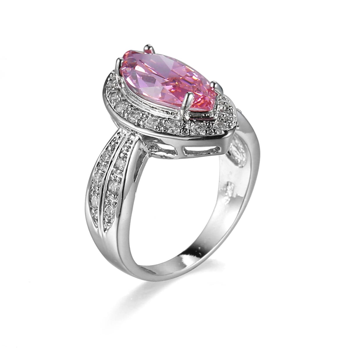 Pink Cubic Zirconia and Crystal Halo Marquise Ring, statement rings for women, dainty minimalist design, front view