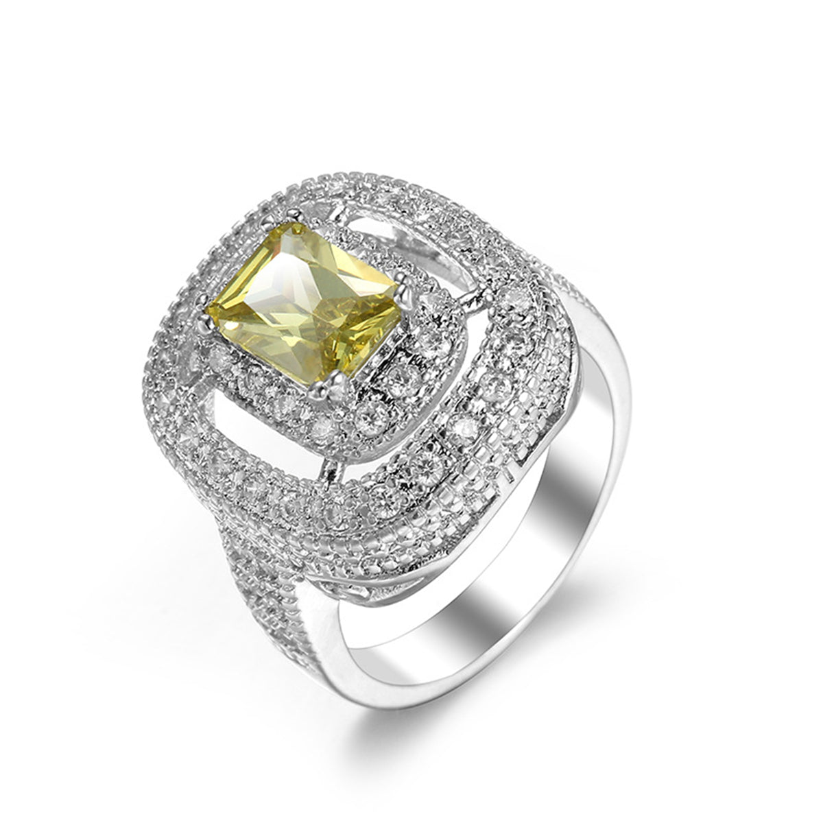 Yellow Crystal and Cubic Zircon Layered Halo Ring, statement rings for women, everyday style, detail close-up