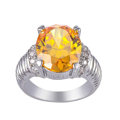 Yellow Crystal and Silver-Plated Oval-Cut Ring, silver statement rings for women, dainty minimalist design, front view