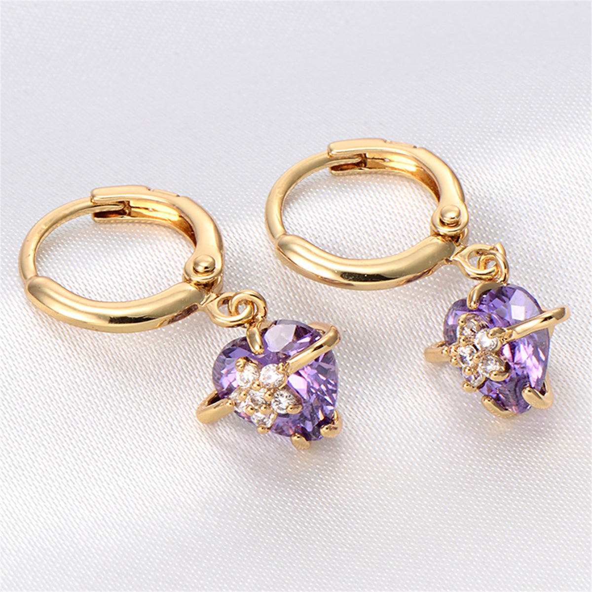 Purple Crystal & Cubic Zirconia 18K Gold-Plated Heart Drop Earrings