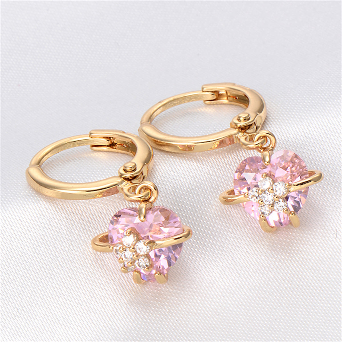 Pink Crystal & Cubic Zirconia 18K Gold-Plated Heart Drop Earrings