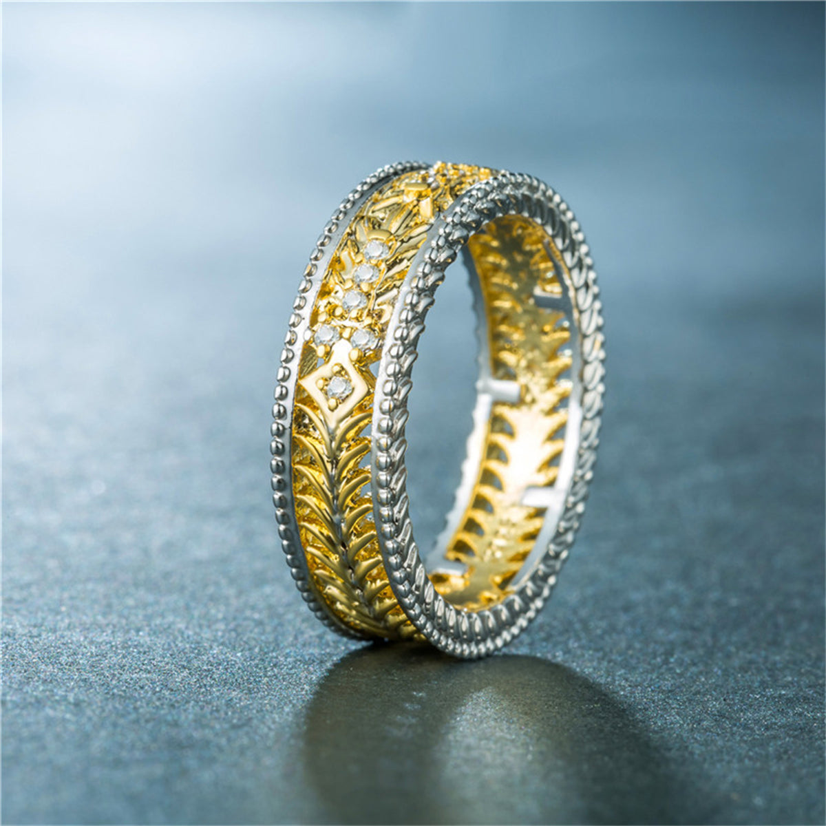 Cubic Zirconia and Two-Tone Filigree Band, statement rings for women, vintage-inspired design, side view