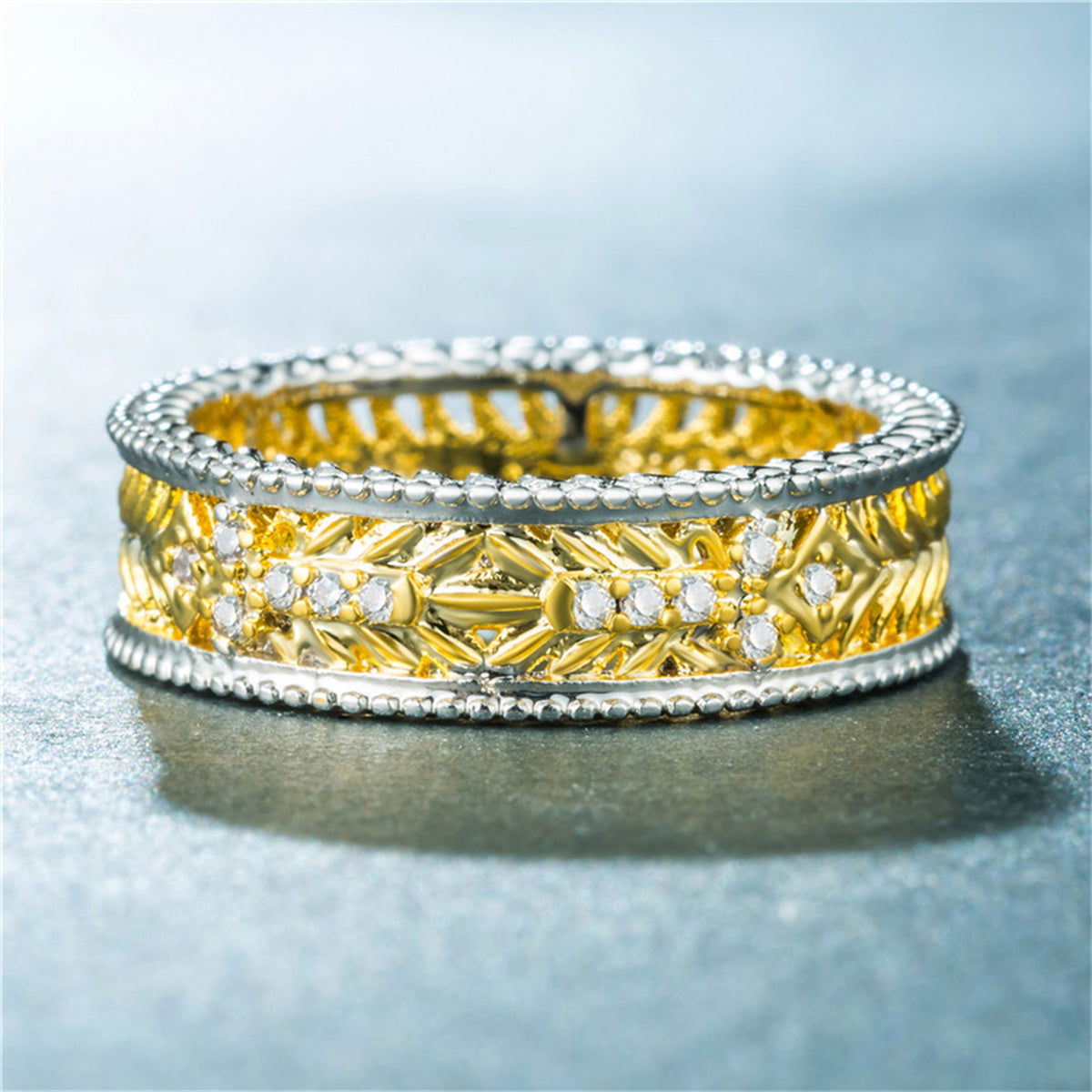 Cubic Zirconia and Two-Tone Filigree Band, statement rings for women, vintage-inspired design, detail close-up
